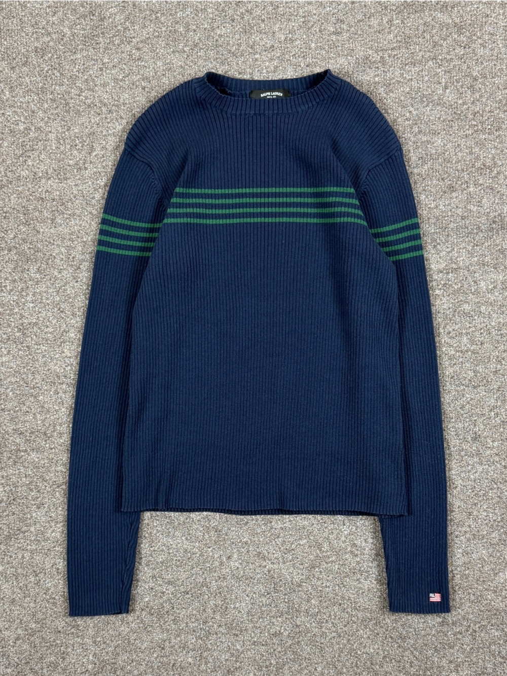 Vintage Polo Ralph Lauren Navy Green Chest Stripe Ribbed Sweater Women’s M 90s